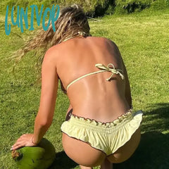 Lunivop Y2K Cute Women 2 Piece Swimsuit Outfits Spaghetti Strap Cut Out Bikini Thong Bottoms Beach