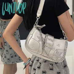 Lunivop Y2K Designer Womens Shoulder Bag Silver Chains Fashion Summer Pu Leather Handbag Original