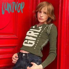 Lunivop Y2K Distressed Buttons Letter Printed Female T-Shirt Spring Autumn Tops Harajuku Retro