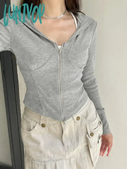 Lunivop Y2K Double Zip-Up Hooded Top Autumn Spring Thin Fabric Skinny Hoodie Korean Fashion Long
