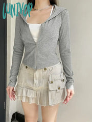 Lunivop Y2K Double Zip-Up Hooded Top Autumn Spring Thin Fabric Skinny Hoodie Korean Fashion Long