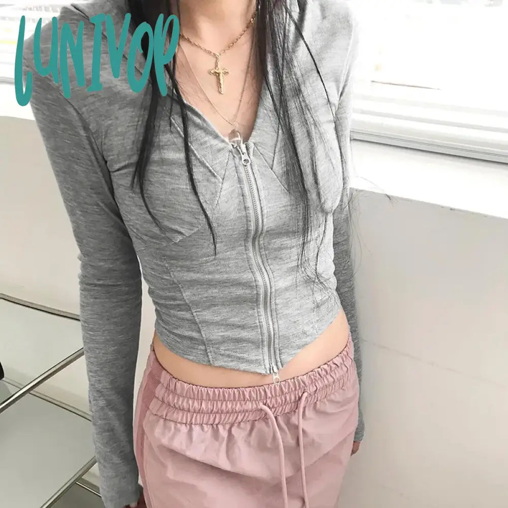 Lunivop Y2K Double Zip-Up Hooded Top Autumn Spring Thin Fabric Skinny Hoodie Korean Fashion Long