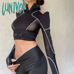 Lunivop Y2K E-Girl Emo T-Shirt Women Buckle Patchwork Hollow Long Sleeve Cyberpunk Streetwear Mall