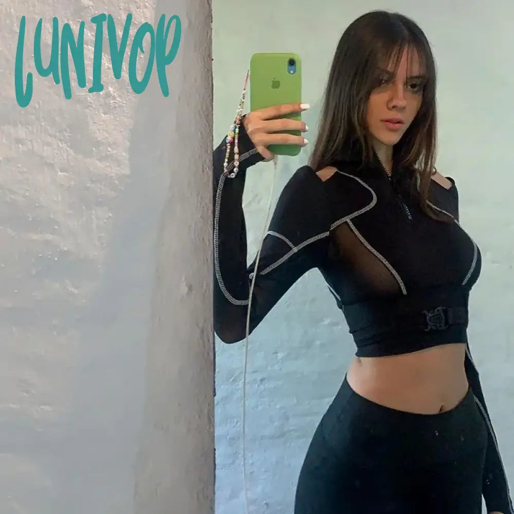 Lunivop Y2K E-Girl Emo T-Shirt Women Buckle Patchwork Hollow Long Sleeve Cyberpunk Streetwear Mall