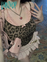 Lunivop Y2K E-Girl Fake Two Piece Lace Patchwork Camisole Tops Vintage Leopard Slim Fit Tank Top