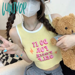Lunivop Y2K E-Girl Letter Printed Sweet Vest For Women Sexy Crop Top Slim Fit Knitted Tank 2024