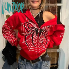 Lunivop Y2K Emo Women Streetwear Hoodie Spider Web Red Zip Up Hoodies Grunge Oversized Sweatshirt