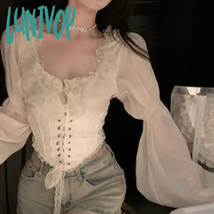 Lunivop Y2K Fairy Women Lace Ruffles Chiffon Blouses Cross Tie-Up Front Lantern Sleeve Shirts