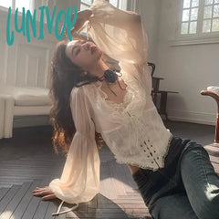 Lunivop Y2K Fairy Women Lace Ruffles Chiffon Blouses Cross Tie-Up Front Lantern Sleeve Shirts