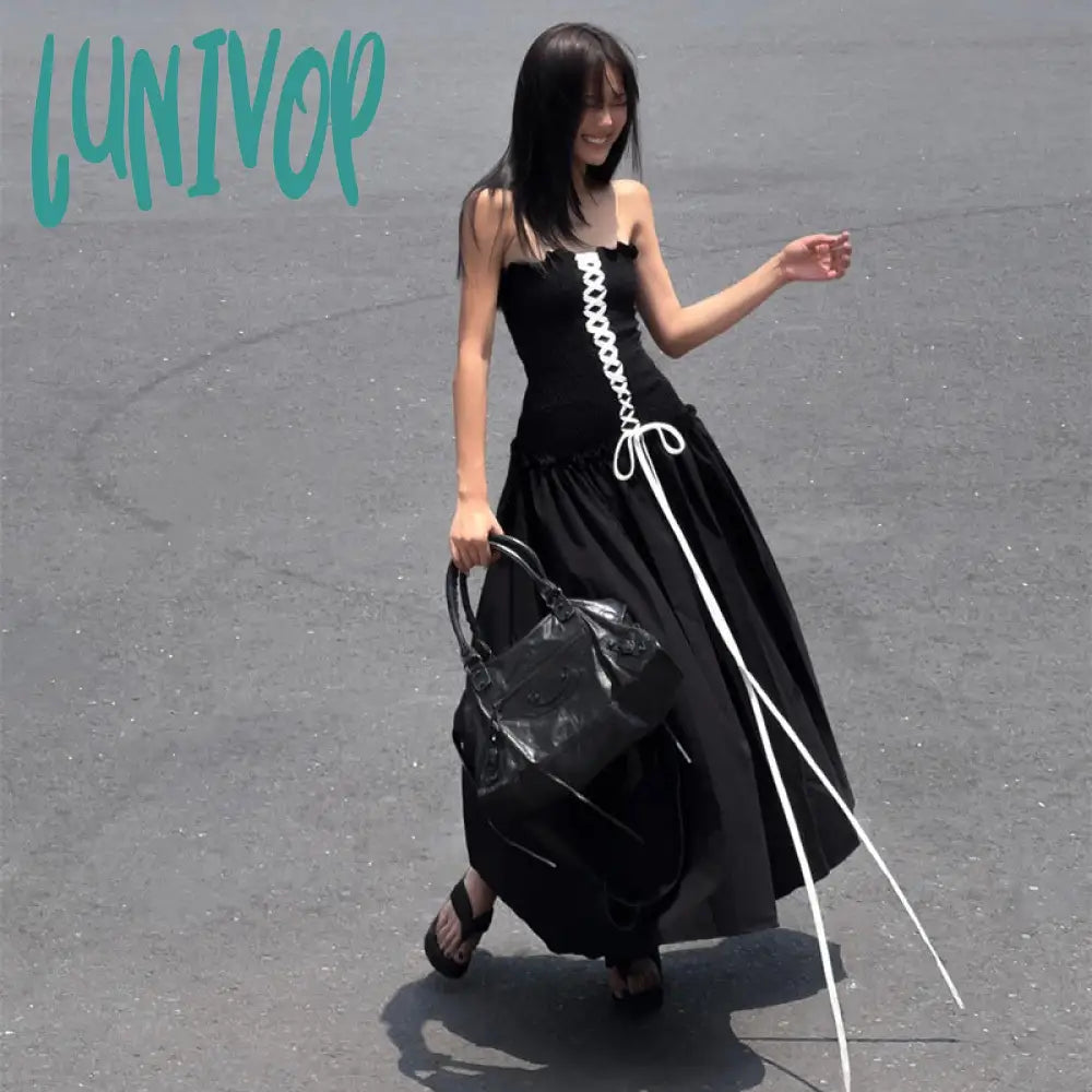 Lunivop Y2K Fairy Women Summer Long Dress Vintage Ruched Front Cross Tie-Up Boat Neck Strapless