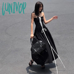 Lunivop Y2K Fairy Women Summer Long Dress Vintage Ruched Front Cross Tie-Up Boat Neck Strapless