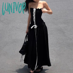 Lunivop Y2K Fairy Women Summer Long Dress Vintage Ruched Front Cross Tie-Up Boat Neck Strapless