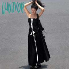 Lunivop Y2K Fairy Women Summer Long Dress Vintage Ruched Front Cross Tie-Up Boat Neck Strapless