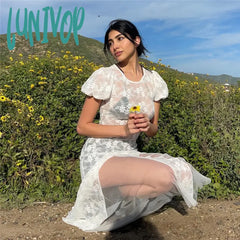 Lunivop Y2K Fairycore See Through Floral Lace Mesh White Dress Summer Retro Puffy Short Sleeve Long