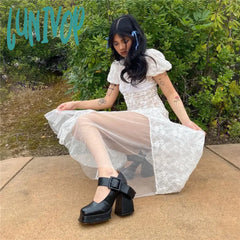 Lunivop Y2K Fairycore See Through Floral Lace Mesh White Dress Summer Retro Puffy Short Sleeve Long