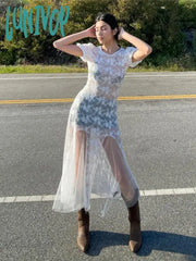 Lunivop Y2K Fairycore See Through Floral Lace Mesh White Dress Summer Retro Puffy Short Sleeve Long