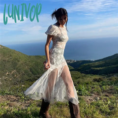 Lunivop Y2K Fairycore See Through Floral Lace Mesh White Dress Summer Retro Puffy Short Sleeve Long