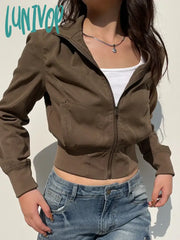 Lunivop Y2K Fall Winter Crop Jackets For Women 2023 Turtleneck Zip Up Coats Brown 90S Vintage