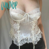 Lunivop Y2K Fashion Strap Sexy Satin Top Camisole Lace Patchwork Chic Bow Slim Summer Crop Tops
