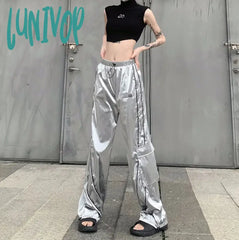 Lunivop Y2K Fashion Women Street Metallic Holographic Drawstring Hem Flap Pocket Side Wide Leg