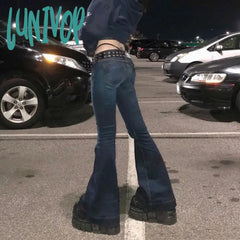 Lunivop Y2K Flare Jeans Low Waist Trouser Women Vintage Cargo Pants Aesthetic Streetwear Blue Denim