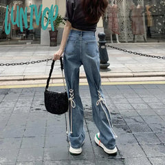 Lunivop Y2K Flare Jeans Women Streetwear Bandage Wide Leg Denim Pants Harajuku Korean High Waist