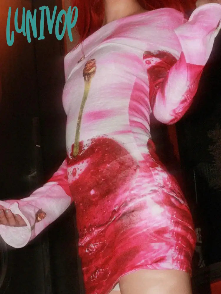 Lunivop Y2K Fruit Print Off Shoulder Long Sleeve Dress Fall Sexy Clothes For Ladies Club Mini