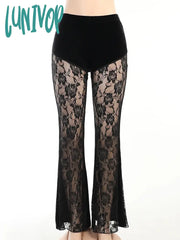 Lunivop Y2K Gothic Black Lace Mesh Flared Pants Sexy Haraiuku Aesthetic See Through Long Trousers