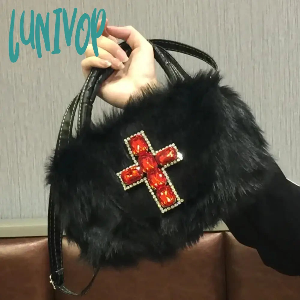 Lunivop Y2K Gothic Handbag Soft Plush Black Cross Applique Shoulder Bag Fashion Harajuku Style Punk