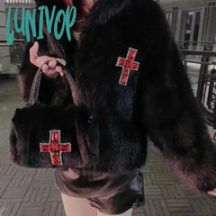 Lunivop Y2K Gothic Handbag Soft Plush Black Cross Applique Shoulder Bag Fashion Harajuku Style Punk