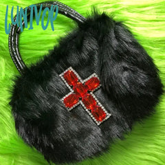 Lunivop Y2K Gothic Handbag Soft Plush Black Cross Applique Shoulder Bag Fashion Harajuku Style Punk