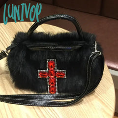 Lunivop Y2K Gothic Handbag Soft Plush Black Cross Applique Shoulder Bag Fashion Harajuku Style Punk