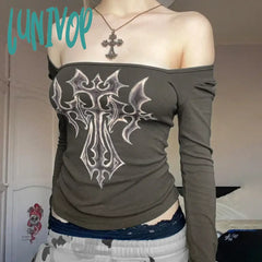 Lunivop Y2K Graphic Print T Shirt 2000S Vintage Crop Top Fairy Grunge Aesthetic Skinny Tee E-Girl