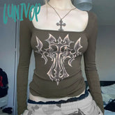 Lunivop Y2K Graphic Print T Shirt 2000S Vintage Crop Top Fairy Grunge Aesthetic Skinny Tee E-Girl