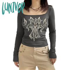 Lunivop Y2K Graphic Print T Shirt 2000S Vintage Crop Top Fairy Grunge Aesthetic Skinny Tee E-Girl