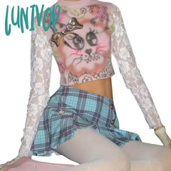 Lunivop Y2K Graphic Tee Women Japanese Kawaii Clothes Bow Cartoon Print T Shirts Lace Long Sleeve