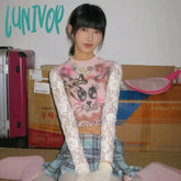 Lunivop Y2K Graphic Tee Women Japanese Kawaii Clothes Bow Cartoon Print T Shirts Lace Long Sleeve