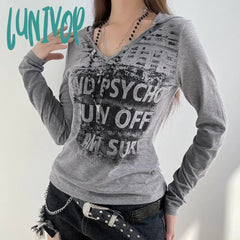 Lunivop Y2K Grunge Crop Top V Neck Grey Letter Hooded T Shirt Women Vintage Full Sleeve Aesthetic
