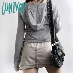 Lunivop Y2K Grunge Crop Top V Neck Grey Letter Hooded T Shirt Women Vintage Full Sleeve Aesthetic