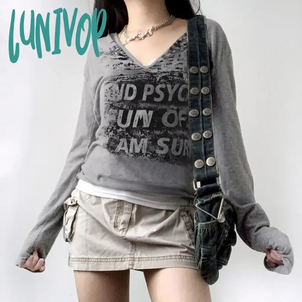 Lunivop Y2K Grunge Crop Top V Neck Grey Letter Hooded T Shirt Women Vintage Full Sleeve Aesthetic