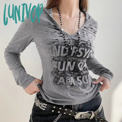 Lunivop Y2K Grunge Crop Top V Neck Grey Letter Hooded T Shirt Women Vintage Full Sleeve Aesthetic