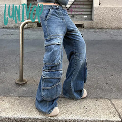 Lunivop Y2K Harajuku Multi Pockets Denim Trousers Women Oversize Baggy Cargo Jeans Casual Fashion