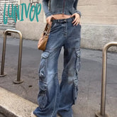 Lunivop Y2K Harajuku Multi Pockets Denim Trousers Women Oversize Baggy Cargo Jeans Casual Fashion