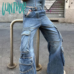 Lunivop Y2K Harajuku Multi Pockets Denim Trousers Women Oversize Baggy Cargo Jeans Casual Fashion