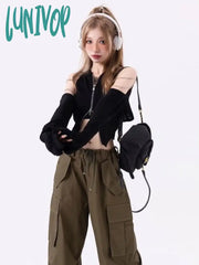 Lunivop Y2K Harajuku Solid Crop Top Women Korean Streetwear Zipper T Shirts Off Shoulder Balck Tees