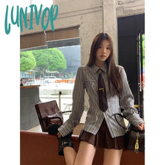 Lunivop Y2K Harajuku Striped Shirts Women Vintage Streetwear Tie Long Sleeve Blouses Korean Preppy