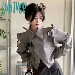 Lunivop Y2K Irregular Crop Blouses Women Harajuku Ruffles Asymmetrical Shirts Korean Preppy