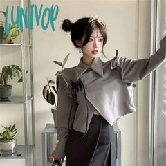 Lunivop Y2K Irregular Crop Blouses Women Harajuku Ruffles Asymmetrical Shirts Korean Preppy