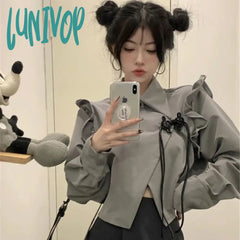Lunivop Y2K Irregular Crop Blouses Women Harajuku Ruffles Asymmetrical Shirts Korean Preppy