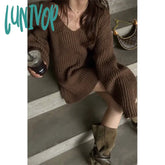 Lunivop Y2K Knitted Mini Dress Women Vintage Sexy V Neck Sweater One Piece Dresses Autumn Winter